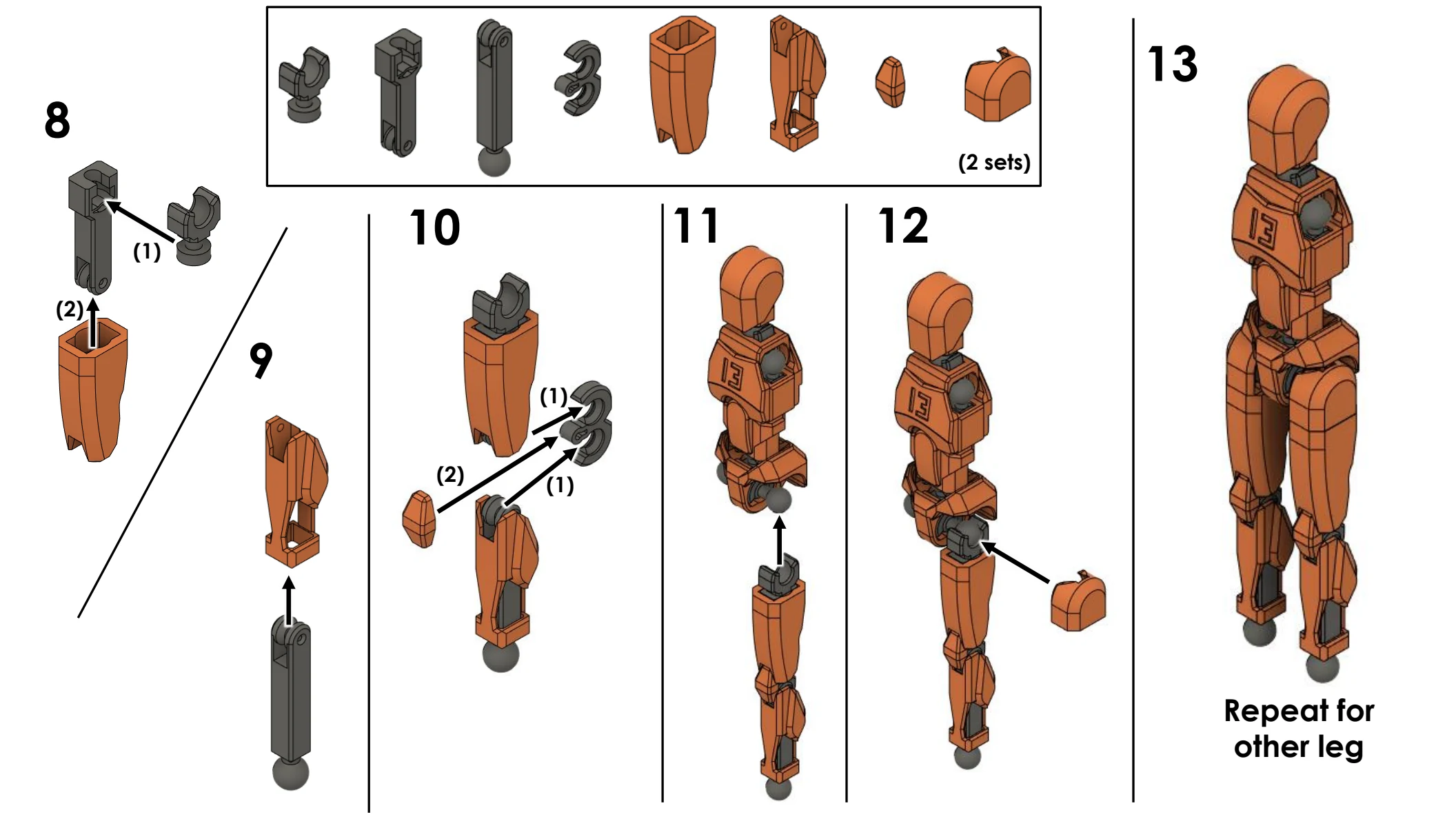 Dummy 13 illustrated upper leg assembly steps 8 through 12
