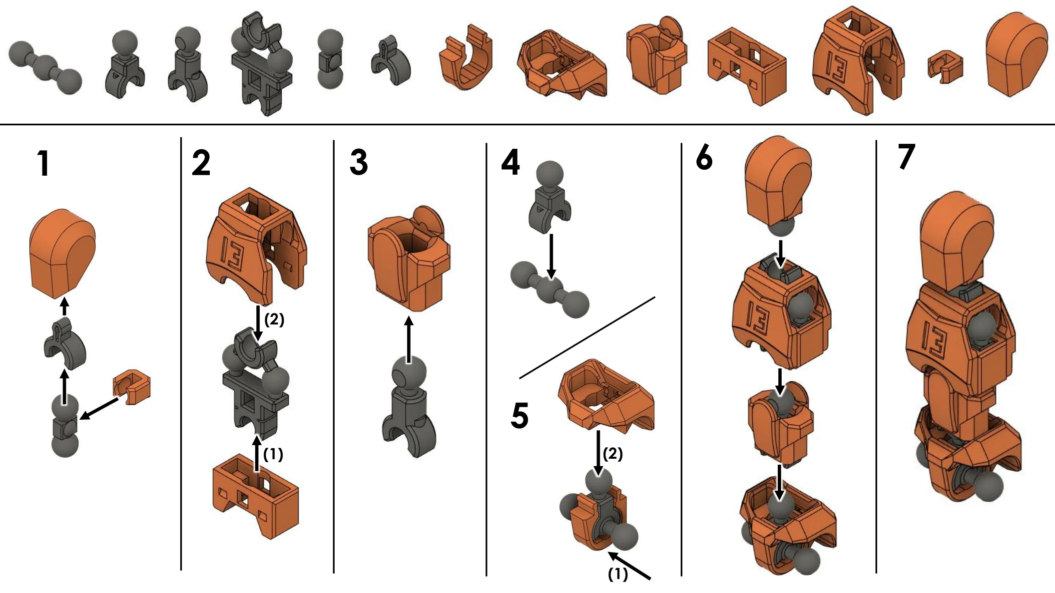Dummy 13 illustrated torso and head assembly steps 1 through 7